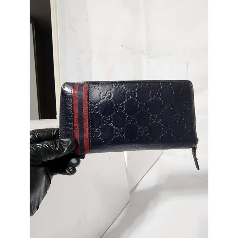 Authentic GUCCI Sherry Line Leather Long Folding Wallet Deep Navy Blue - Picture 3 of 10